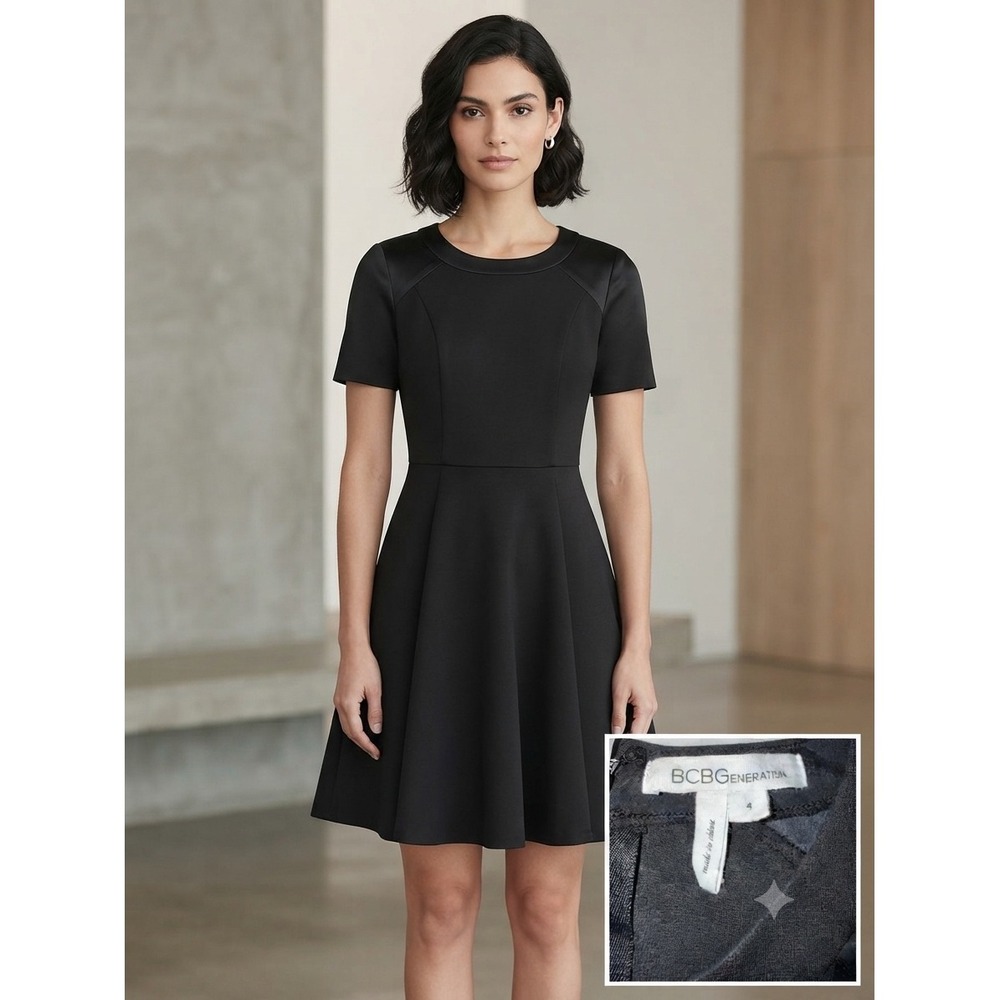 BCBGeneration Black Ponte Faux Leather Trim Fit Flare Dress Short Sleeve Size‎ 4